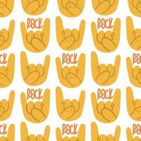 A pattern with a rock and roll hand sign icon. Cartoon yellow hands in a row with a rock sign on a white background with text. Printing on textiles and paper Background for a concert in a simple style vector