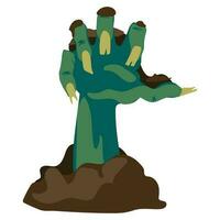 Scary zombie hand crawling out of the ground on a white background, Halloween holiday - vector illustration. A green rotten hand in the sand climbs out of the grave. Scary and broken