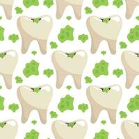 A pattern of simple teeth with caries and stuck food. Dental treatment. Topic teeth with caries. Cartoon vector illustration. White background for printing on fabric and wrapping paper. Seamless