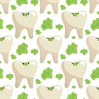 A pattern of simple teeth with caries and stuck food. Dental treatment. Topic teeth with caries. Cartoon vector illustration. White background for printing on fabric and wrapping paper. Seamless