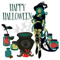 Vector illustration of a witch with bats, a cauldron, cans with body parts and the inscription Happy Halloween for a party invitation card, poster. Greeting card, banner for the Day of the Dead