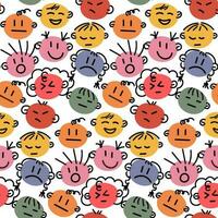 A pattern with emotional colored circles and contour rendering of hairstyles. Vector icon of emotions with hairstyles. Funny illustration. Design for fabric, wrapping paper Party decoration on a white