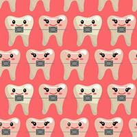 A pattern of cheerful smiling teeth in braces, a boy and a girl crying. The theme is even teeth. Funny vector illustration. Pink background for dental tissue, wrapping paper. Seamless cartoon ornament