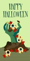 A scary zombie hand crawling out of the ground in the hand of candy in the form of eyes on a white background, a postcard for a Halloween party. Vector illustration. Printing on textiles and paper