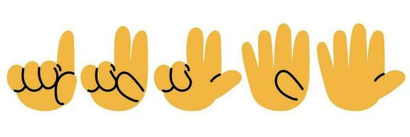 Set the score to five on your fingers in cartoon style. Bent fingers, similar to numbers. Round yellow cartoon hands with a contour on a white background. Printing children's hands, training. vector