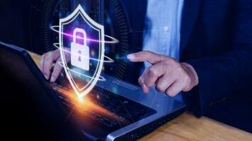 Computer network protection, secure and safe your data concept, businessman holding shield protection icon, Security shield Lock Security Businessman Protect Concept photo