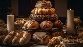 A rustic table displays a variety of fresh baked bread generated by AI photo