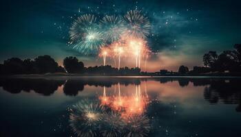 Fourth of July celebration vibrant colors, exploding fireworks, illuminated landscape generated by AI photo