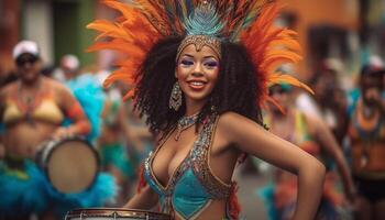 Young women in traditional stage costumes samba dancing with joy generated by AI photo