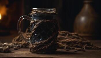 Rustic wood table holds organic jar of homemade honey wine generated by AI photo