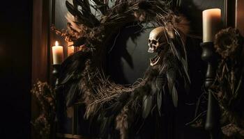 Burning candle illuminates spooky Halloween still life with feather quill pen generated by AI photo