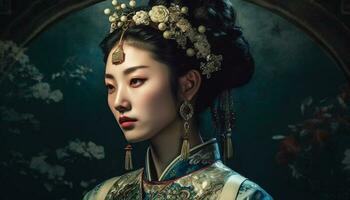 One woman glamour and elegance in traditional clothing and jewelry generated by AI photo