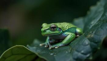 Red eyed tree frog sitting on leaf in tropical rainforest generated by AI photo