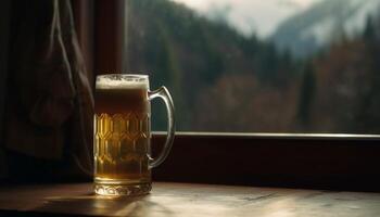 un espumoso bebida en un cerveza vaso en un rústico mesa generado por ai foto