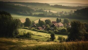 Tranquil sunset over rustic Italian farmhouse in panoramic landscape view generated by AI photo