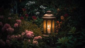 Romantic candlelight illuminates old fashioned lantern on rustic table outdoors generated by AI photo