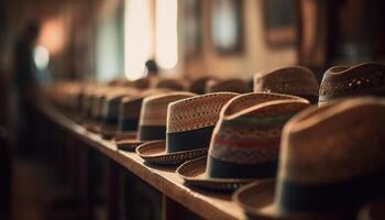 A large collection of old fashioned leather shoes in a row generated by AI photo