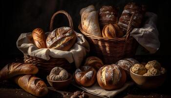 Freshly baked bread collection on rustic wooden table, close up shot generated by AI photo