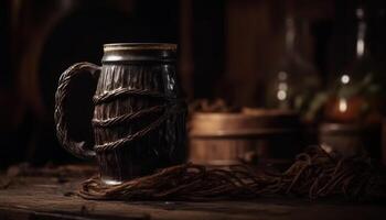 Rustic wooden table holds old fashioned alcohol, a fresh celebration decoration generated by AI photo