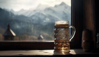 un espumoso bebida en un cerveza vaso en un de madera mesa generado por ai foto