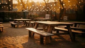 A rustic wooden bench sits outdoors, illuminated by sunset warmth generated by AI photo