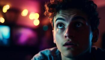 One young adult man staring at camera in dark nightclub generated by AI photo