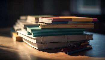 A collection of antique textbooks on a wooden bookshelf generated by AI photo