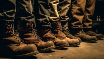 Ejército hombres en uniforme en pie en un fila, vistiendo negro cuero botas generado por ai foto