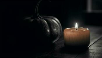 Spooky Halloween decoration Illuminated pumpkin on black background, no people generated by AI photo