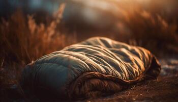 Sunset over the rural landscape, fluffy meadow pillow in foreground generated by AI photo