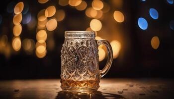 un rústico whisky botella en un de madera mesa, iluminado oro generado por ai foto