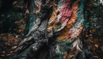 Rotting log, rough bark, yellow leaves autumn beauty in nature generated by AI photo