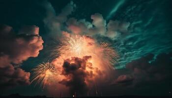 Explosive firework display ignites vibrant colors in dark night sky generated by AI photo