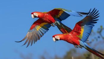 Vibrant scarlet macaw perching on green tree branch in Amazon generated by AI photo