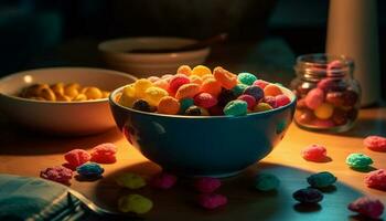 A colorful gourmet dessert bowl with sweet candy and fruit generated by AI photo