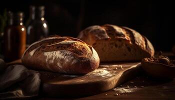 Freshly baked organic whole wheat bread on rustic wooden table generated by AI photo