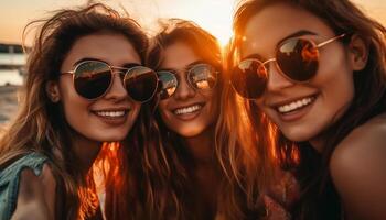 un grupo de despreocupado joven mujer disfrutar verano vacaciones al aire libre generado por ai foto