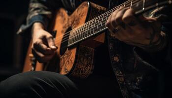 un experto guitarrista punteo instrumentos de cuerda en un acústico instrumento generado por ai foto