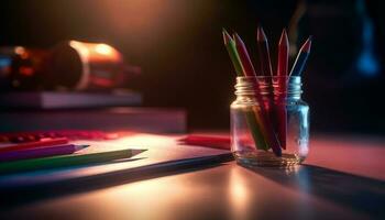 Creative artist desk colorful still life of drink and paper generated by AI photo