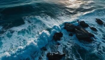 Breaking waves crash against rocky cliffs, a tranquil seascape beauty generated by AI photo