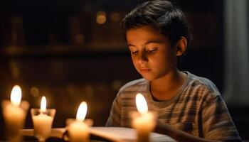 One child sitting, holding candle, meditating in tranquil darkness generated by AI photo