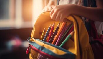 A creative girl holds a pencil, learning indoors at school generated by AI photo