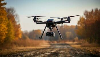 Remote controlled drone captures modern air vehicle hovering over autumn forest generated by AI photo