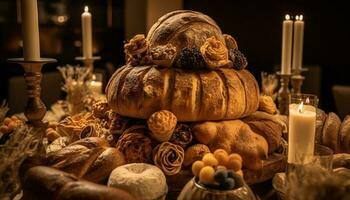 A rustic autumn meal bread, pumpkin, and candlelight decoration generated by AI photo