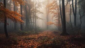 misterioso niebla obenques tranquilo otoño bosque, revelador vibrante natural belleza generado por ai foto