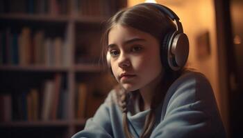 A cute girl enjoying technology, listening to music indoors generated by AI photo