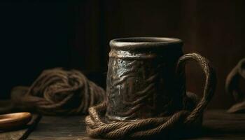 Rustic rope tied knot on antique nautical vessel, adventure awaits generated by AI photo