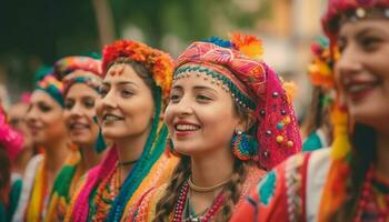 Colorful Indian festival parade unites cultures in joyful togetherness generated by AI photo