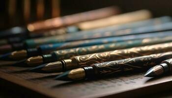 Antique fountain pen collection on wooden table, ready for signatures generated by AI photo