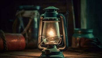 Rustic lantern illuminates dark outdoors with old fashioned kerosene flame generated by AI photo